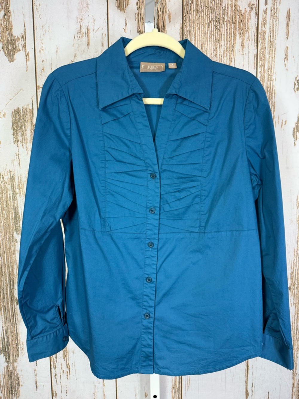 Kelly by Clinton Kelly, Women’s Teal Button-Down Ruffle Front Shirt. Size Small.